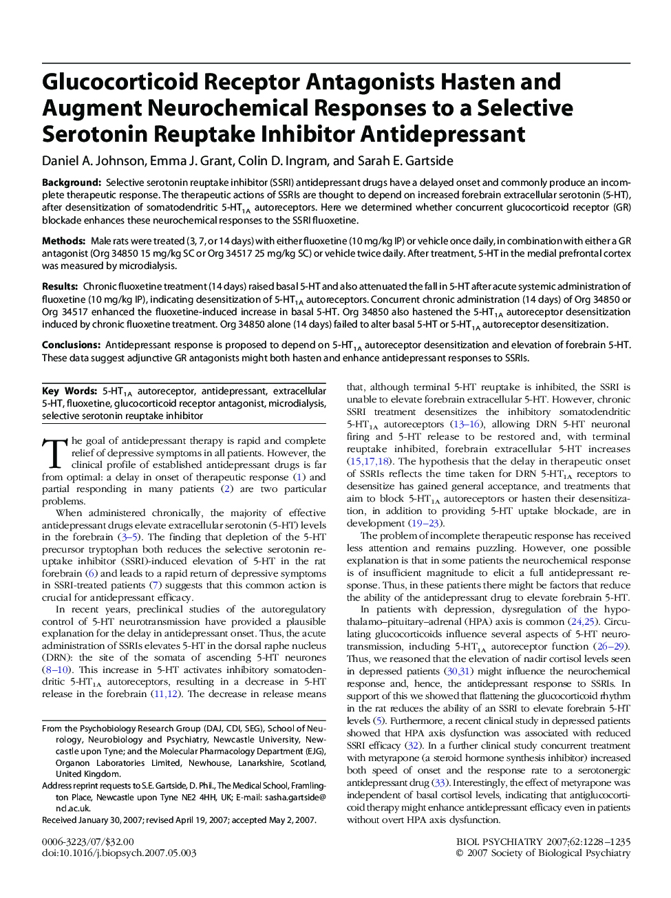 Glucocorticoid Receptor Antagonists Hasten and Augment Neurochemical Responses to a Selective Serotonin Reuptake Inhibitor Antidepressant