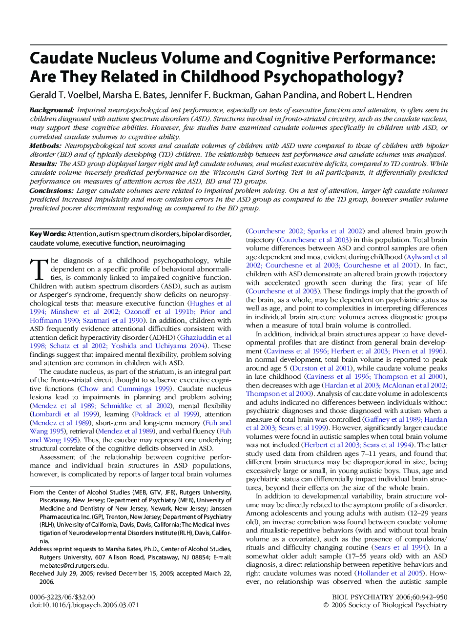 Caudate Nucleus Volume and Cognitive Performance: Are They Related in Childhood Psychopathology?