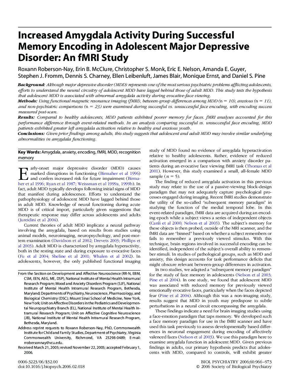 Increased Amygdala Activity During Successful Memory Encoding in Adolescent Major Depressive Disorder: An fMRI Study