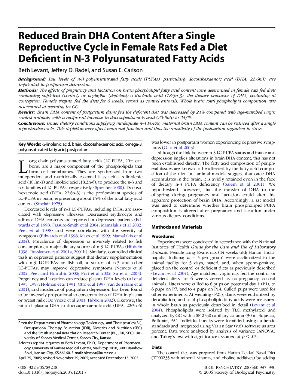 Reduced Brain DHA Content After a Single Reproductive Cycle in Female Rats Fed a Diet Deficient in N-3 Polyunsaturated Fatty Acids