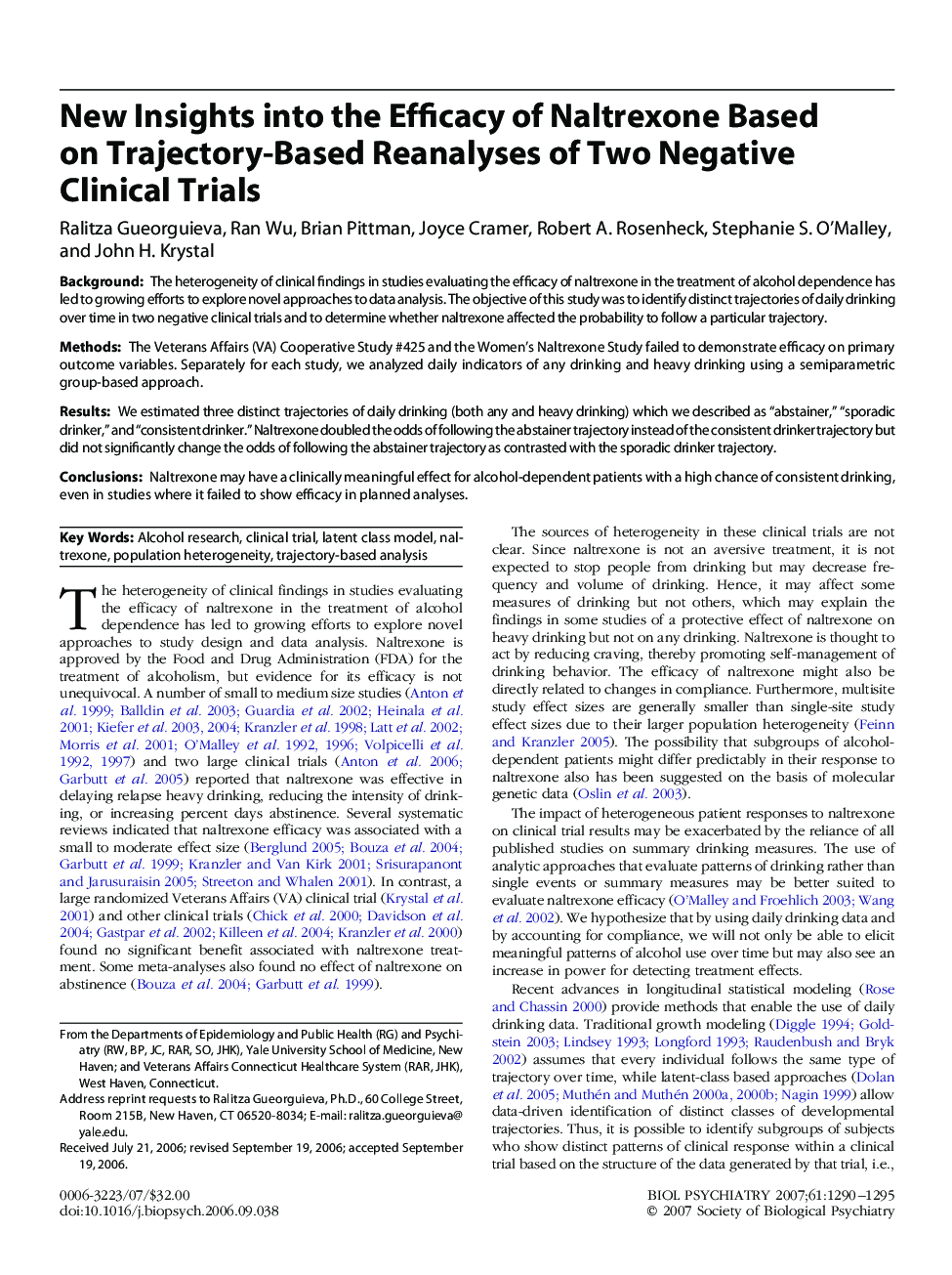 New Insights into the Efficacy of Naltrexone Based on Trajectory-Based Reanalyses of Two Negative Clinical Trials