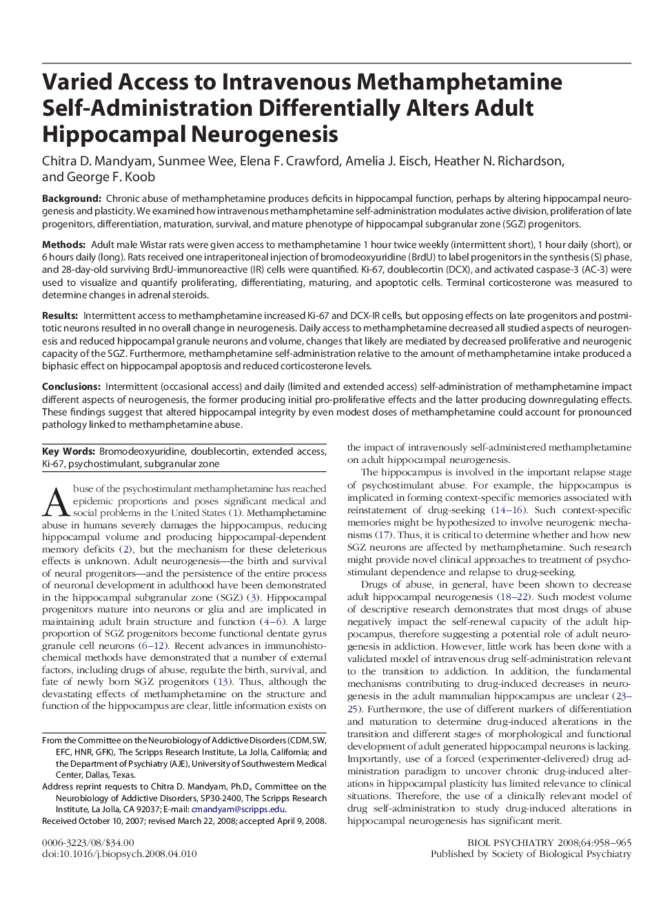 Varied Access to Intravenous Methamphetamine Self-Administration Differentially Alters Adult Hippocampal Neurogenesis