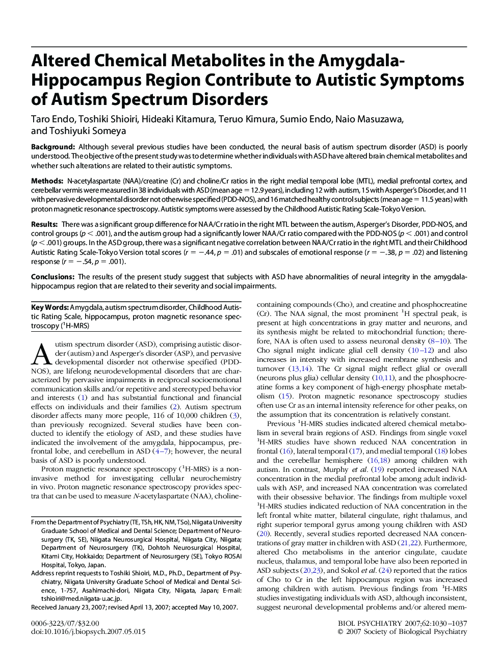 Altered Chemical Metabolites in the Amygdala-Hippocampus Region Contribute to Autistic Symptoms of Autism Spectrum Disorders