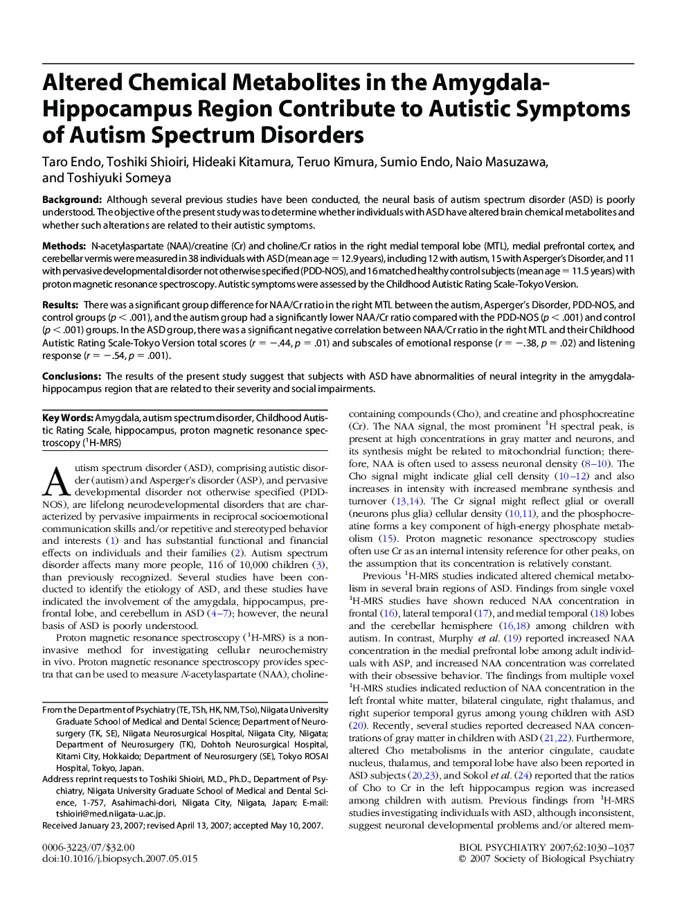 عکس صفحه اول مقاله: Altered Chemical Metabolites in the Amygdala-Hippocampus Region Contribute to Autistic Symptoms of Autism Spectrum Disorders Altered Chemical Metabolites in the Amygdala-Hippocampus Region Contribute to Autistic Symptoms of Autism Spectrum Disorders