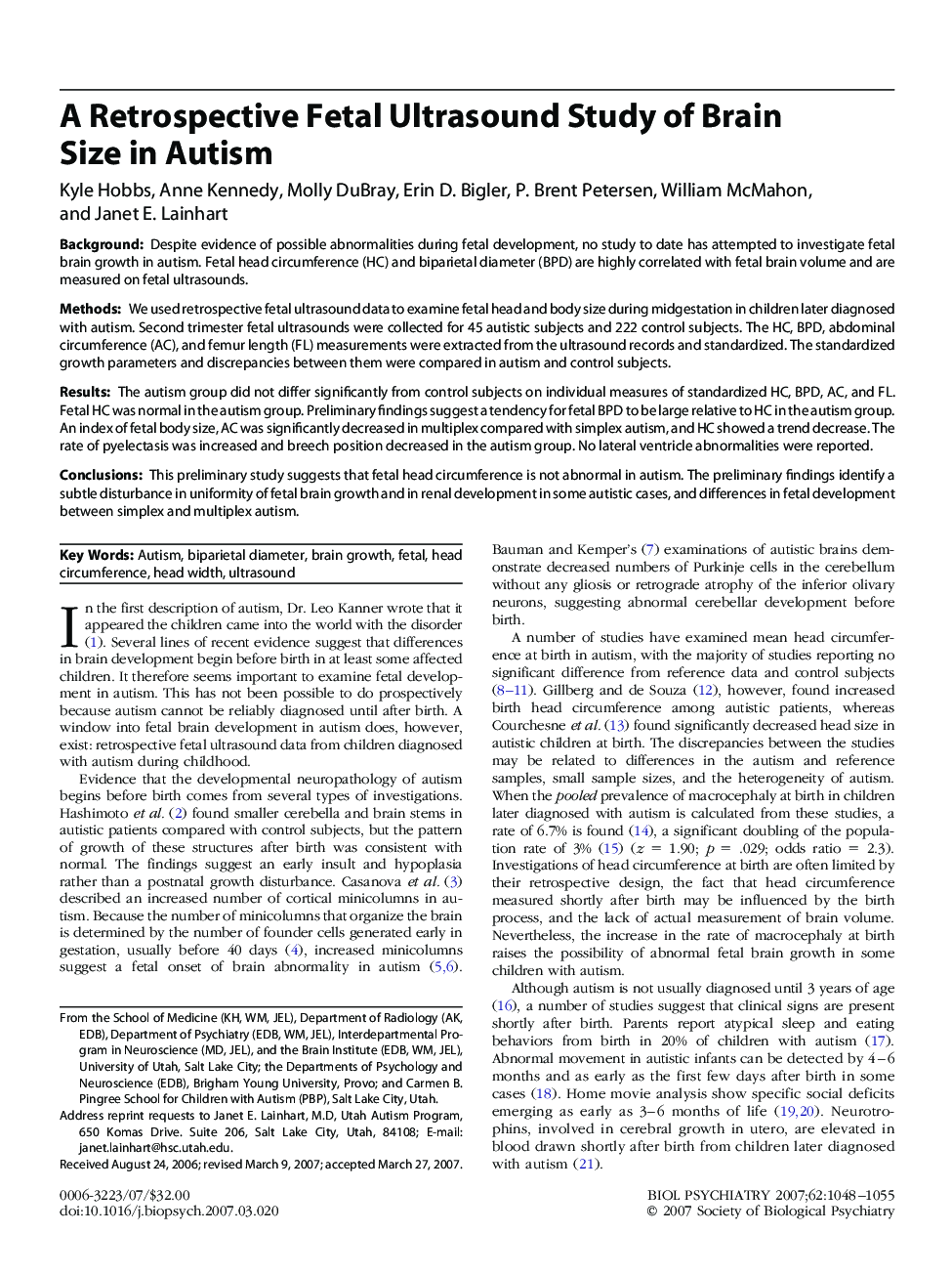 A Retrospective Fetal Ultrasound Study of Brain Size in Autism