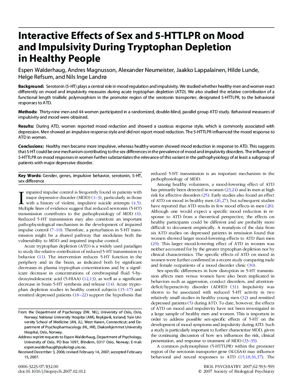 Interactive Effects of Sex and 5-HTTLPR on Mood and Impulsivity During Tryptophan Depletion in Healthy People