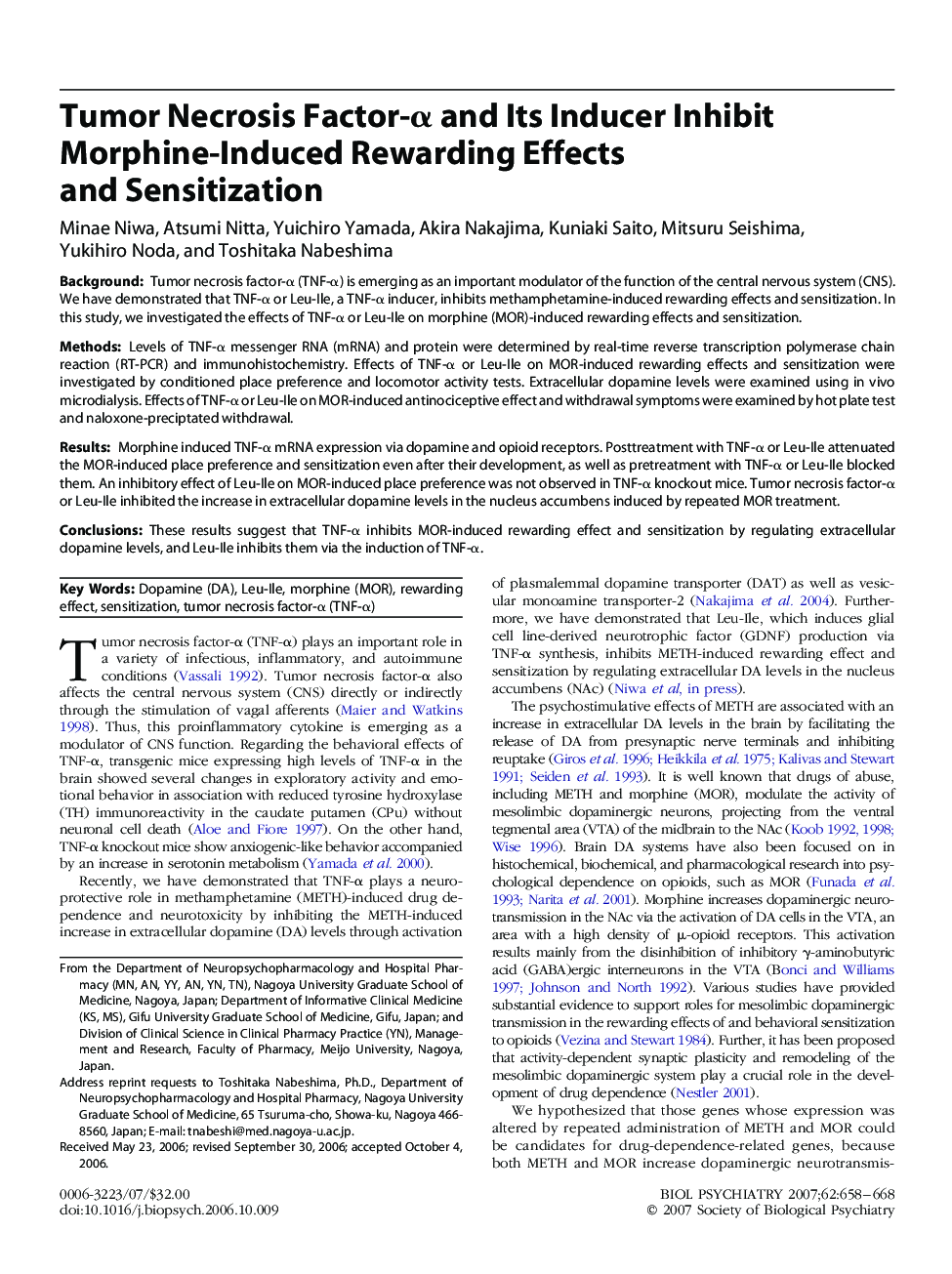 Tumor Necrosis Factor-α and Its Inducer Inhibit Morphine-Induced Rewarding Effects and Sensitization