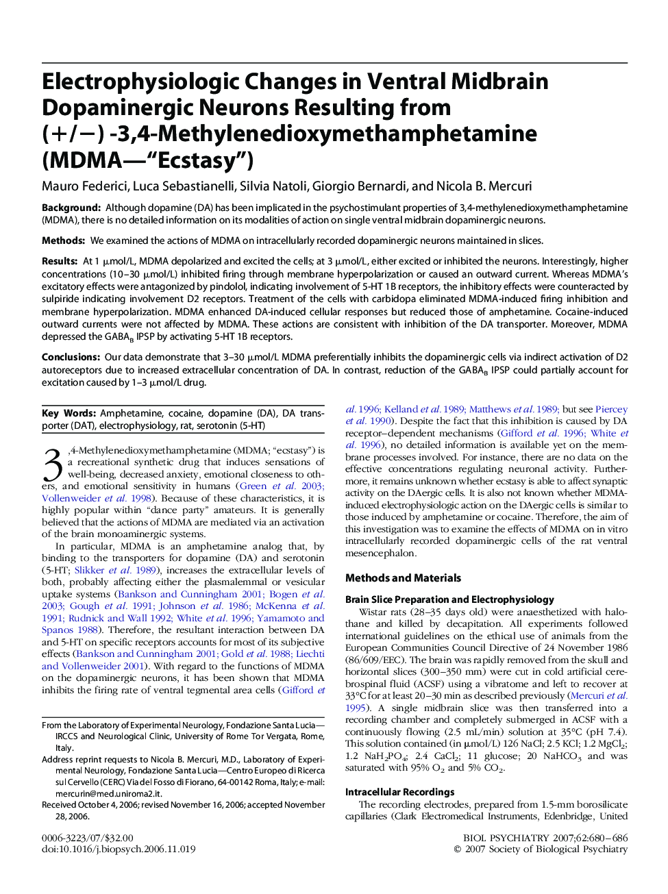 Electrophysiologic Changes in Ventral Midbrain Dopaminergic Neurons Resulting from (+/−) -3,4-Methylenedioxymethamphetamine (MDMA—“Ecstasy”)