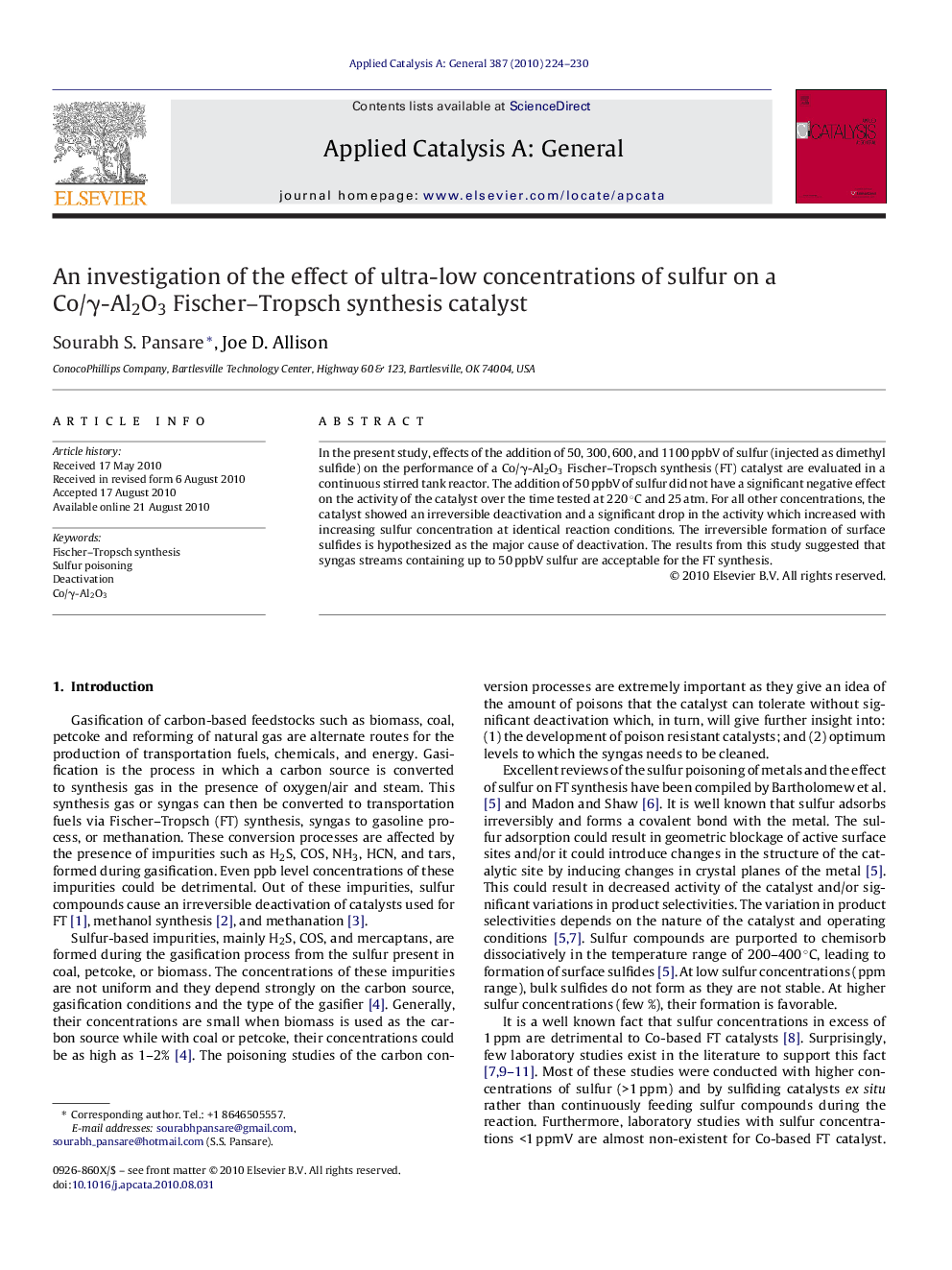 An investigation of the effect of ultra-low concentrations of sulfur on a Co/γ-Al2O3 Fischer–Tropsch synthesis catalyst