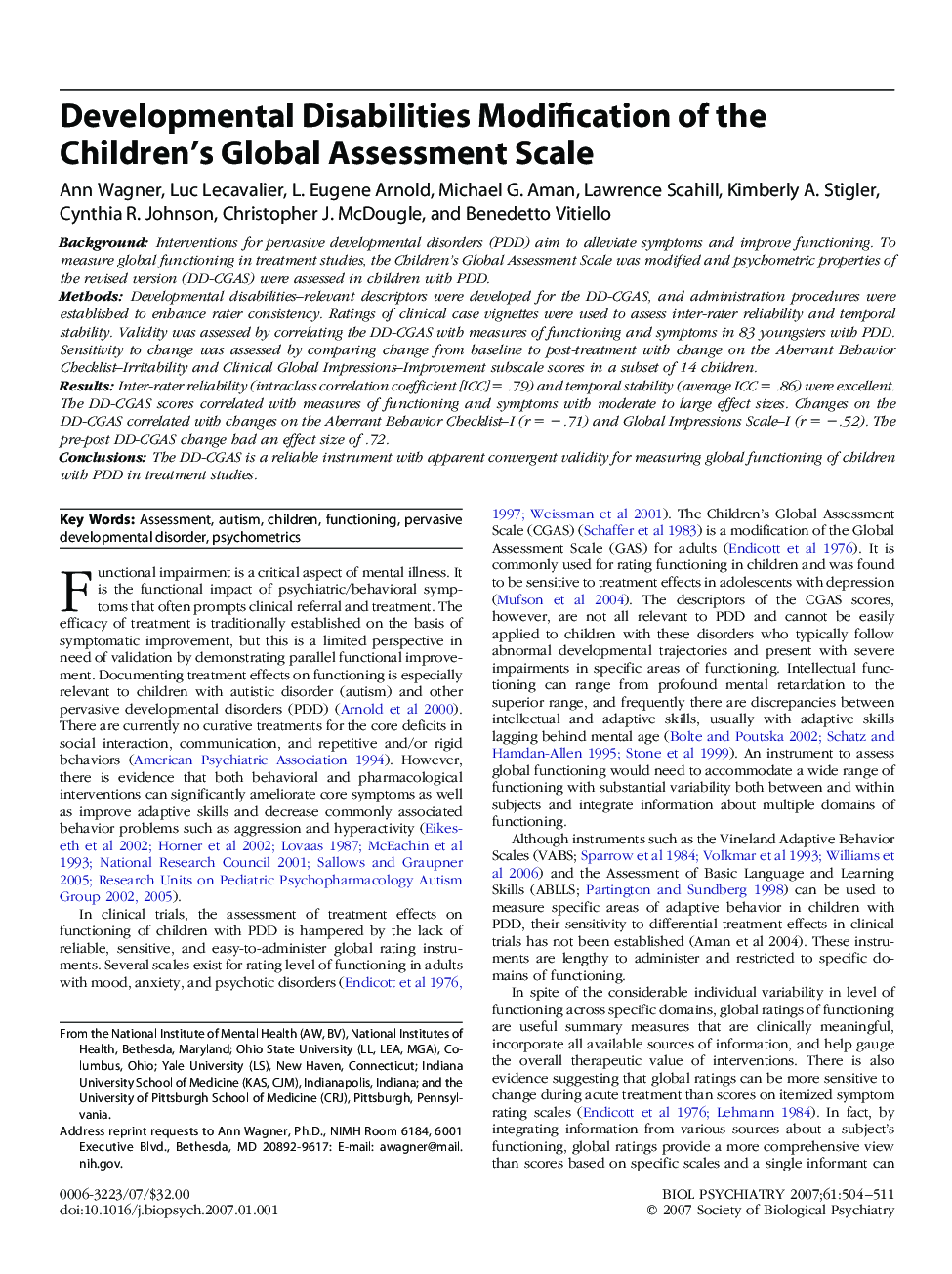 Developmental Disabilities Modification of the Children’s Global Assessment Scale