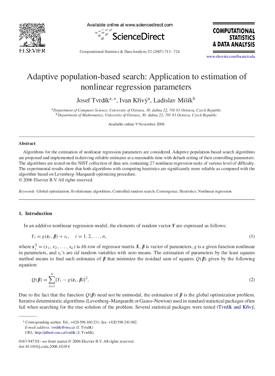 Adaptive population-based search: Application to estimation of nonlinear regression parameters