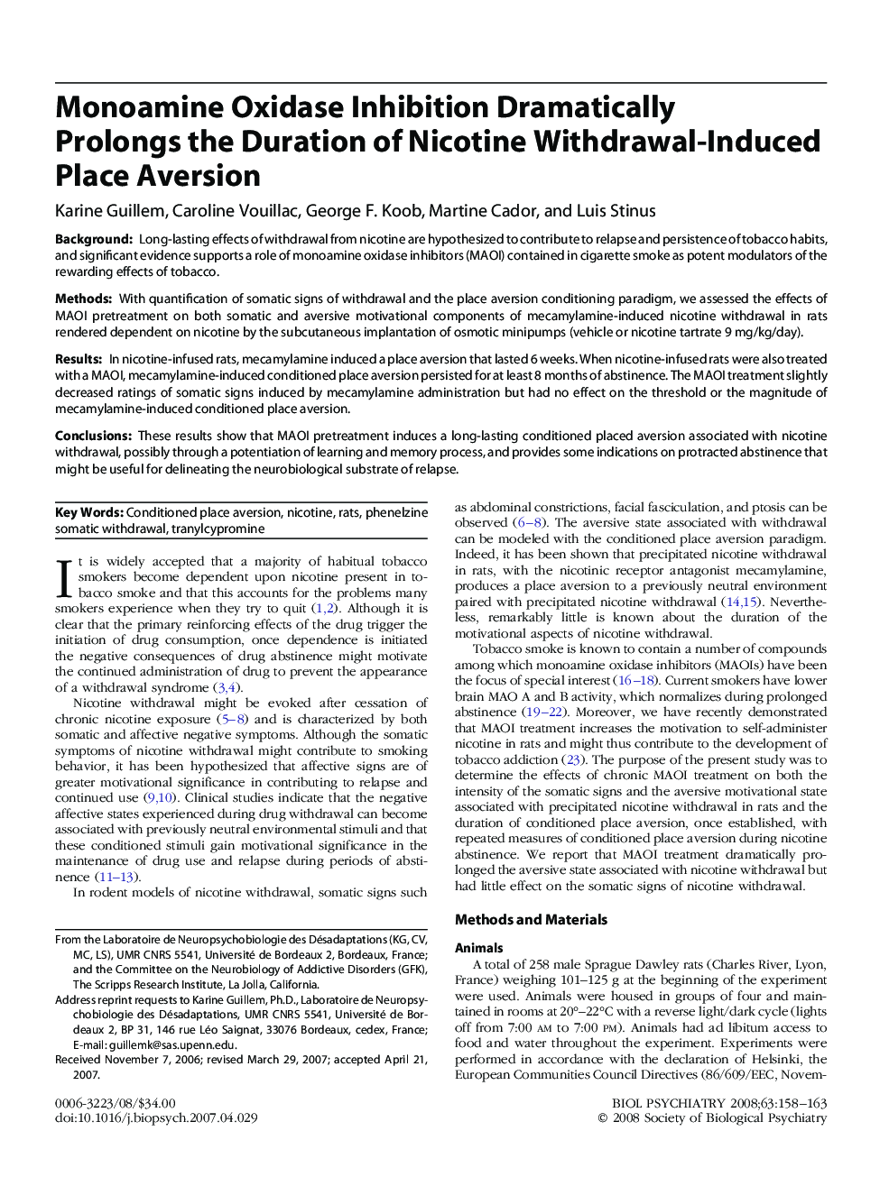 Monoamine Oxidase Inhibition Dramatically Prolongs the Duration of Nicotine Withdrawal-Induced Place Aversion