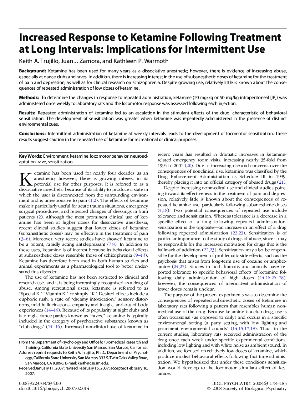 Increased Response to Ketamine Following Treatment at Long Intervals: Implications for Intermittent Use