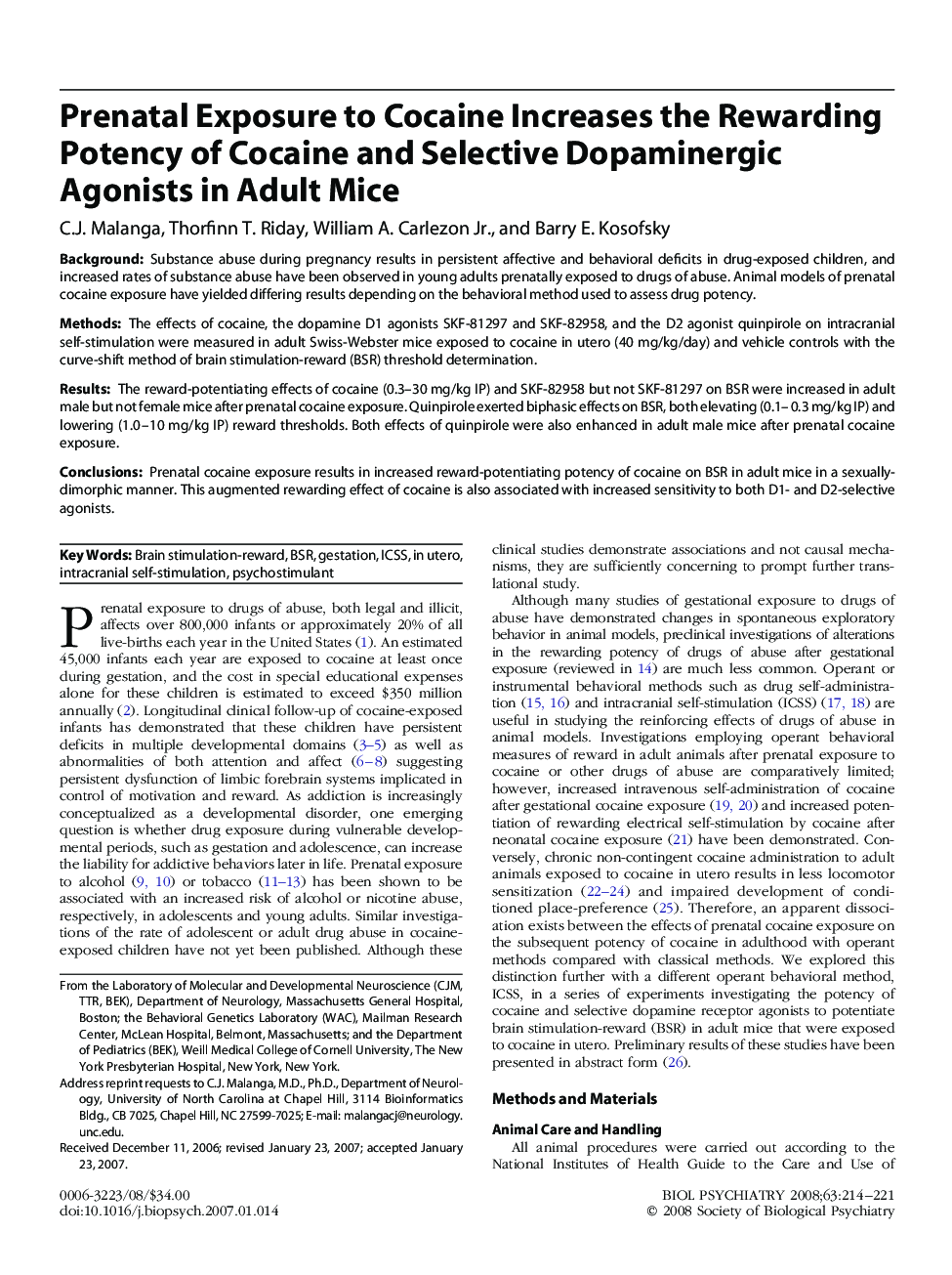 Prenatal Exposure to Cocaine Increases the Rewarding Potency of Cocaine and Selective Dopaminergic Agonists in Adult Mice