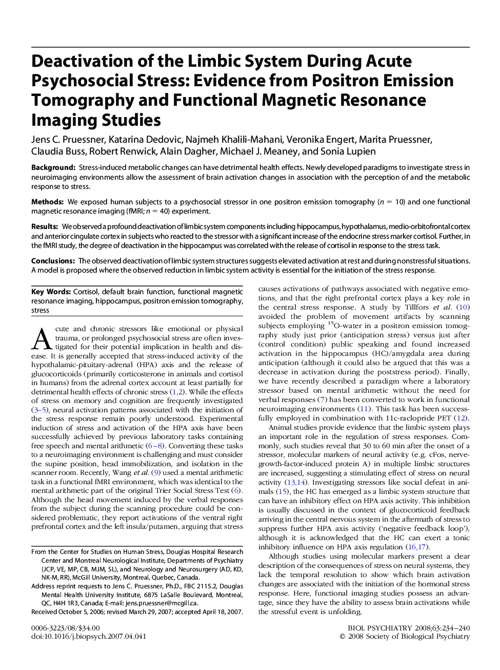 Deactivation of the Limbic System During Acute Psychosocial Stress: Evidence from Positron Emission Tomography and Functional Magnetic Resonance Imaging Studies