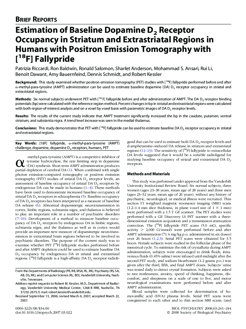 Estimation of Baseline Dopamine D2 Receptor Occupancy in Striatum and Extrastriatal Regions in Humans with Positron Emission Tomography with [18F] Fallypride