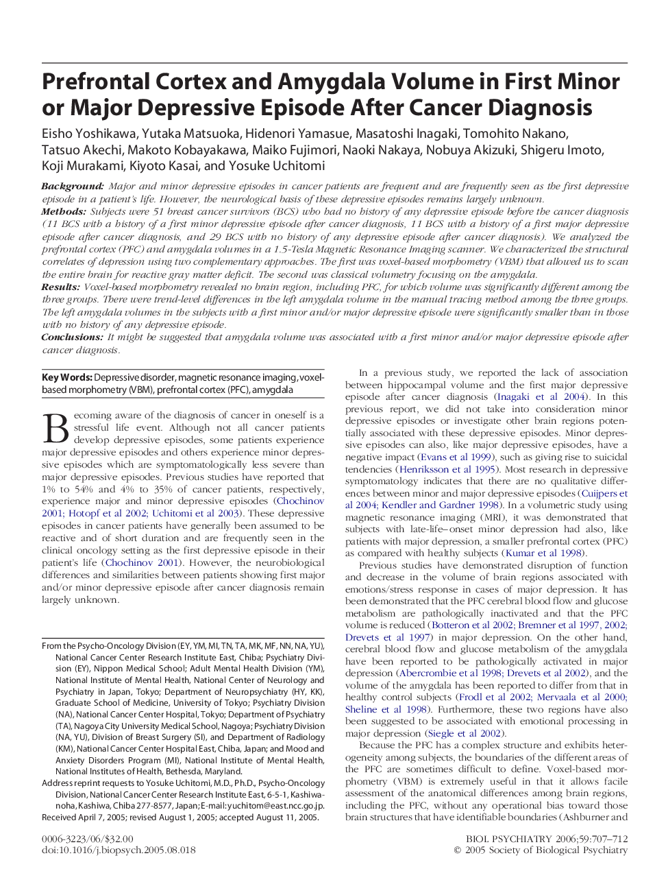 Prefrontal Cortex and Amygdala Volume in First Minor or Major Depressive Episode After Cancer Diagnosis