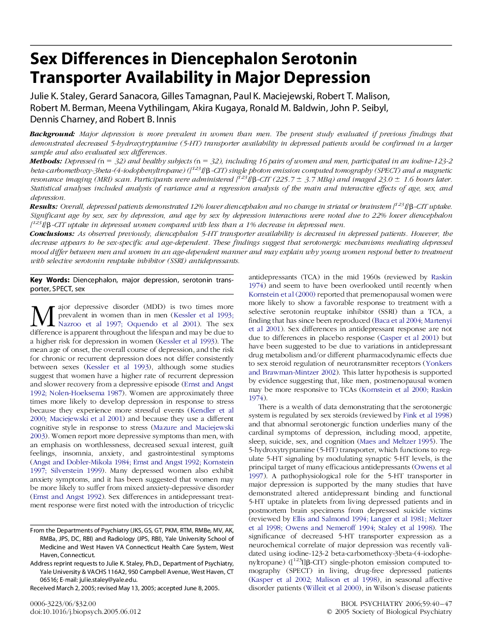 Sex Differences in Diencephalon Serotonin Transporter Availability in Major Depression