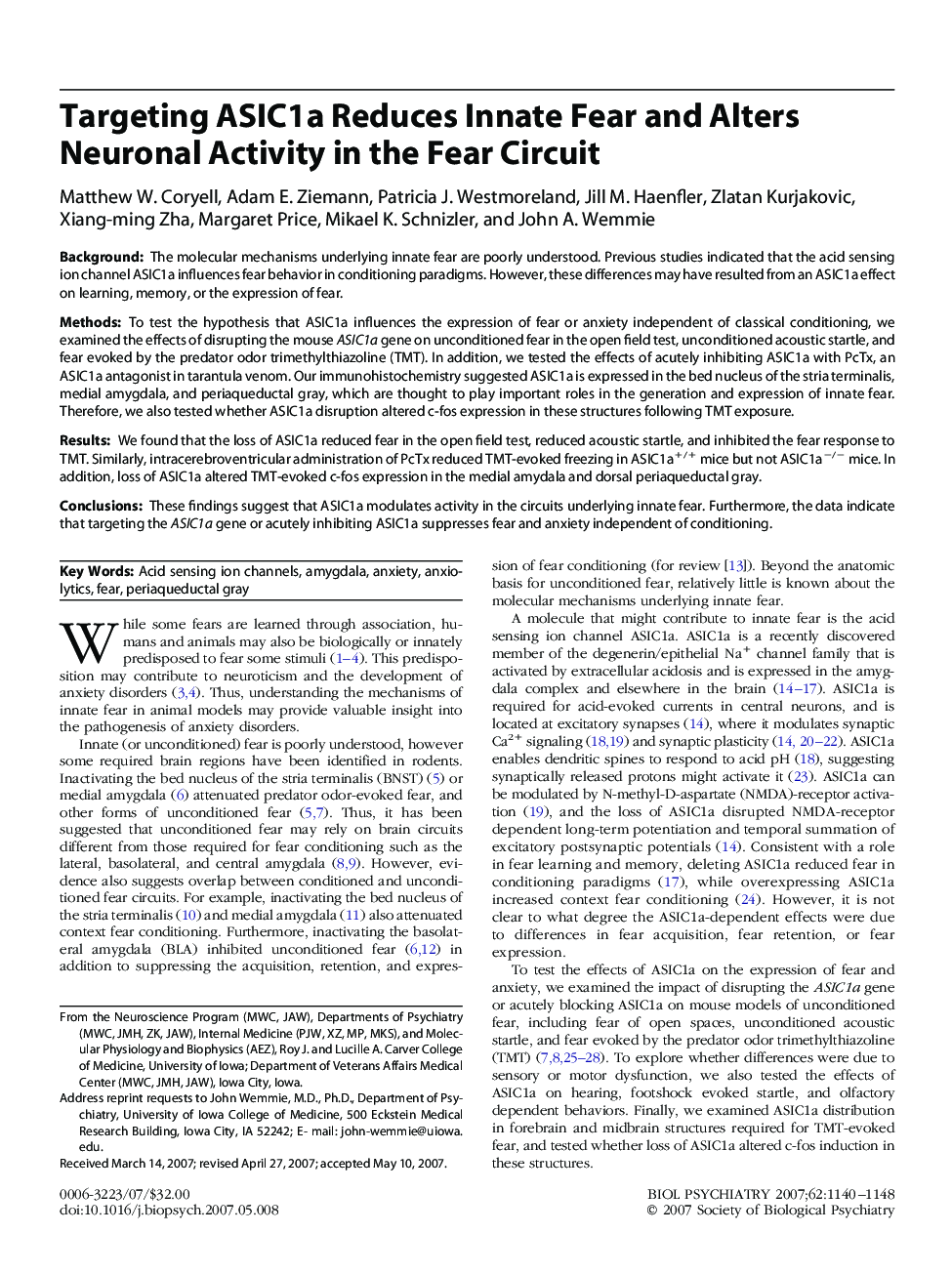 Targeting ASIC1a Reduces Innate Fear and Alters Neuronal Activity in the Fear Circuit