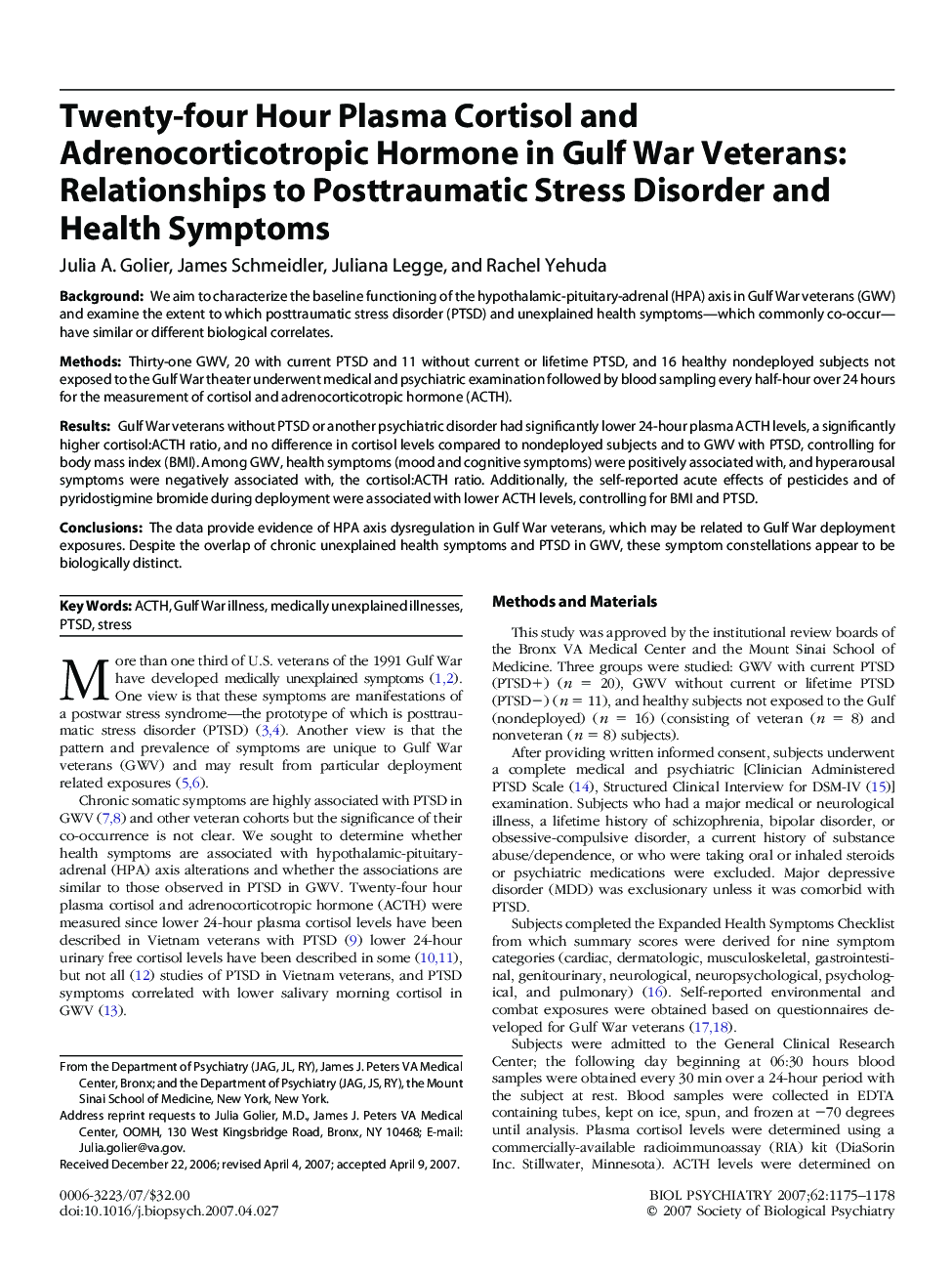 Twenty-four Hour Plasma Cortisol and Adrenocorticotropic Hormone in Gulf War Veterans: Relationships to Posttraumatic Stress Disorder and Health Symptoms