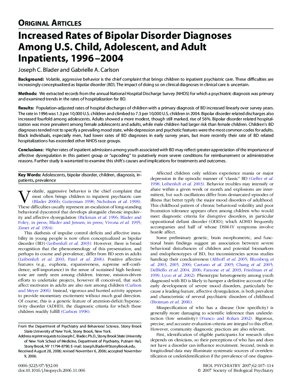 عکس صفحه اول مقاله: Increased Rates of Bipolar Disorder Diagnoses Among U.S. Child, Adolescent, and Adult Inpatients, 1996–2004 Increased Rates of Bipolar Disorder Diagnoses Among U.S. Child, Adolescent, and Adult Inpatients, 1996–2004