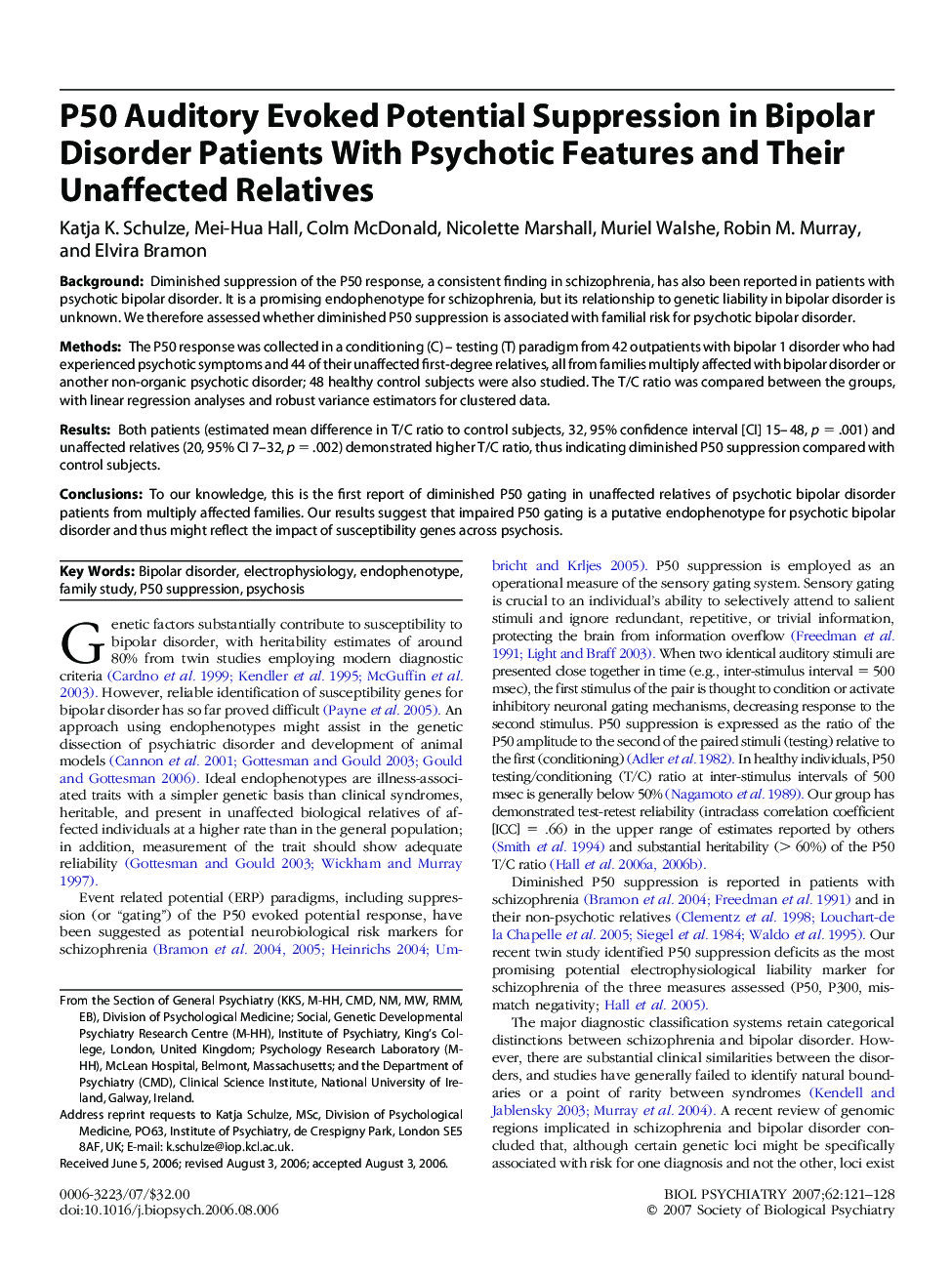 P50 Auditory Evoked Potential Suppression in Bipolar Disorder Patients With Psychotic Features and Their Unaffected Relatives