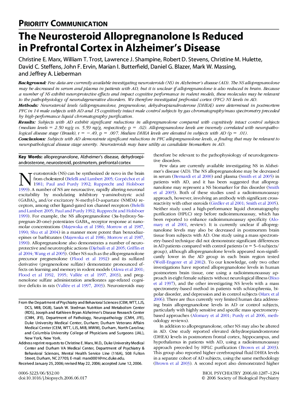 The Neurosteroid Allopregnanolone Is Reduced in Prefrontal Cortex in Alzheimer’s Disease