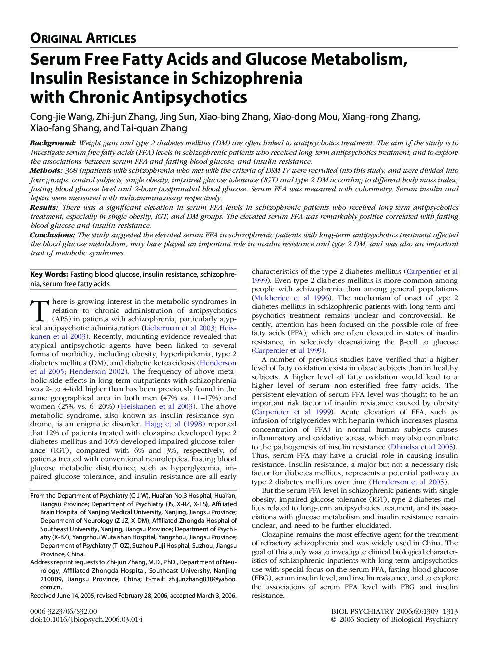 Serum Free Fatty Acids and Glucose Metabolism, Insulin Resistance in Schizophrenia with Chronic Antipsychotics