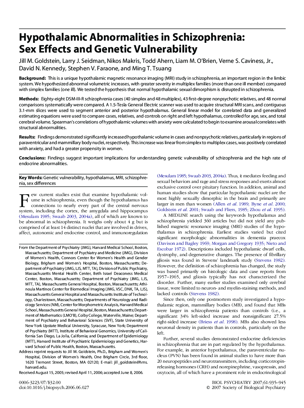 Hypothalamic Abnormalities in Schizophrenia: Sex Effects and Genetic Vulnerability