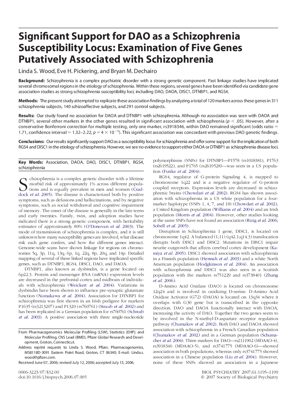 Significant Support for DAO as a Schizophrenia Susceptibility Locus: Examination of Five Genes Putatively Associated with Schizophrenia