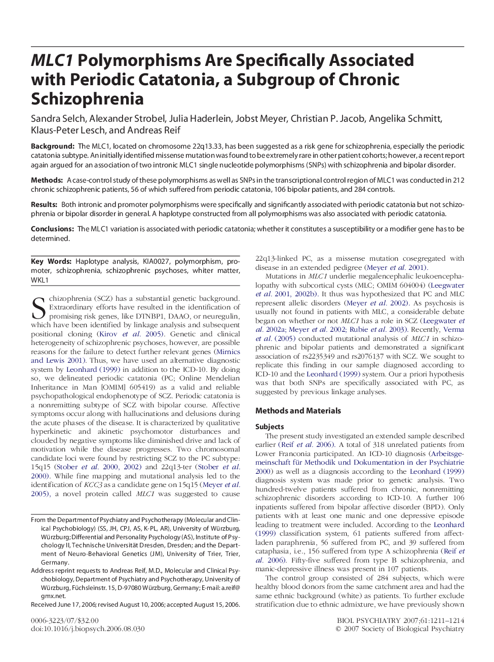 MLC1 Polymorphisms Are Specifically Associated with Periodic Catatonia, a Subgroup of Chronic Schizophrenia