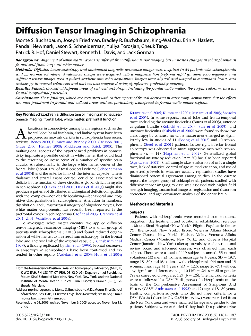 Diffusion Tensor Imaging in Schizophrenia