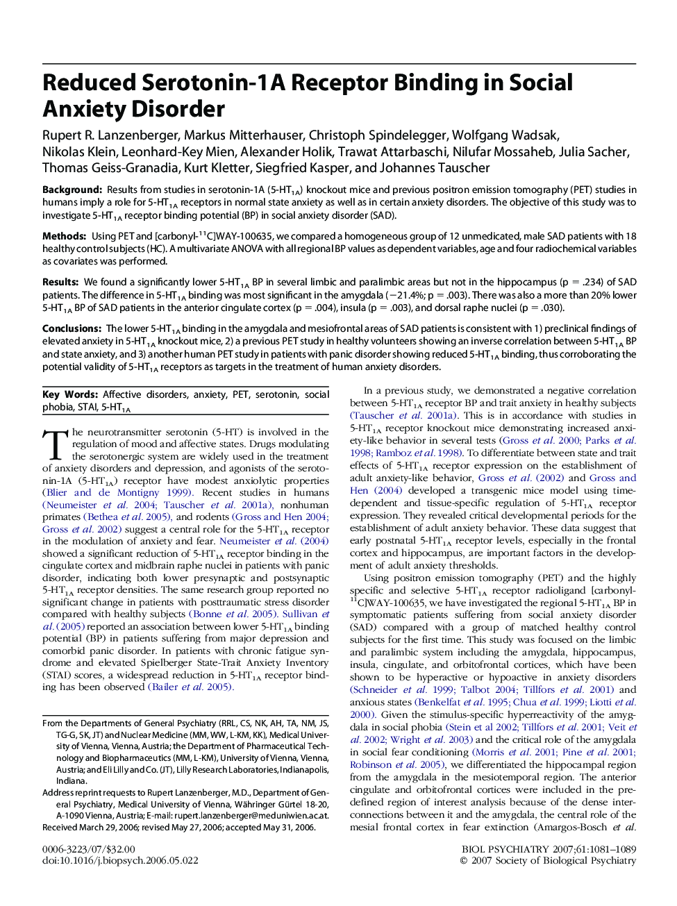 Reduced Serotonin-1A Receptor Binding in Social Anxiety Disorder