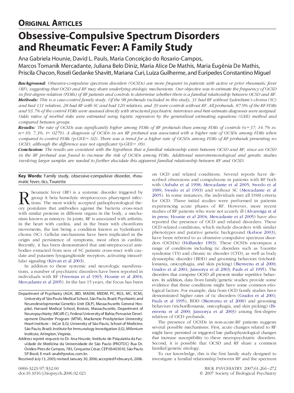 Obsessive-Compulsive Spectrum Disorders and Rheumatic Fever: A Family Study