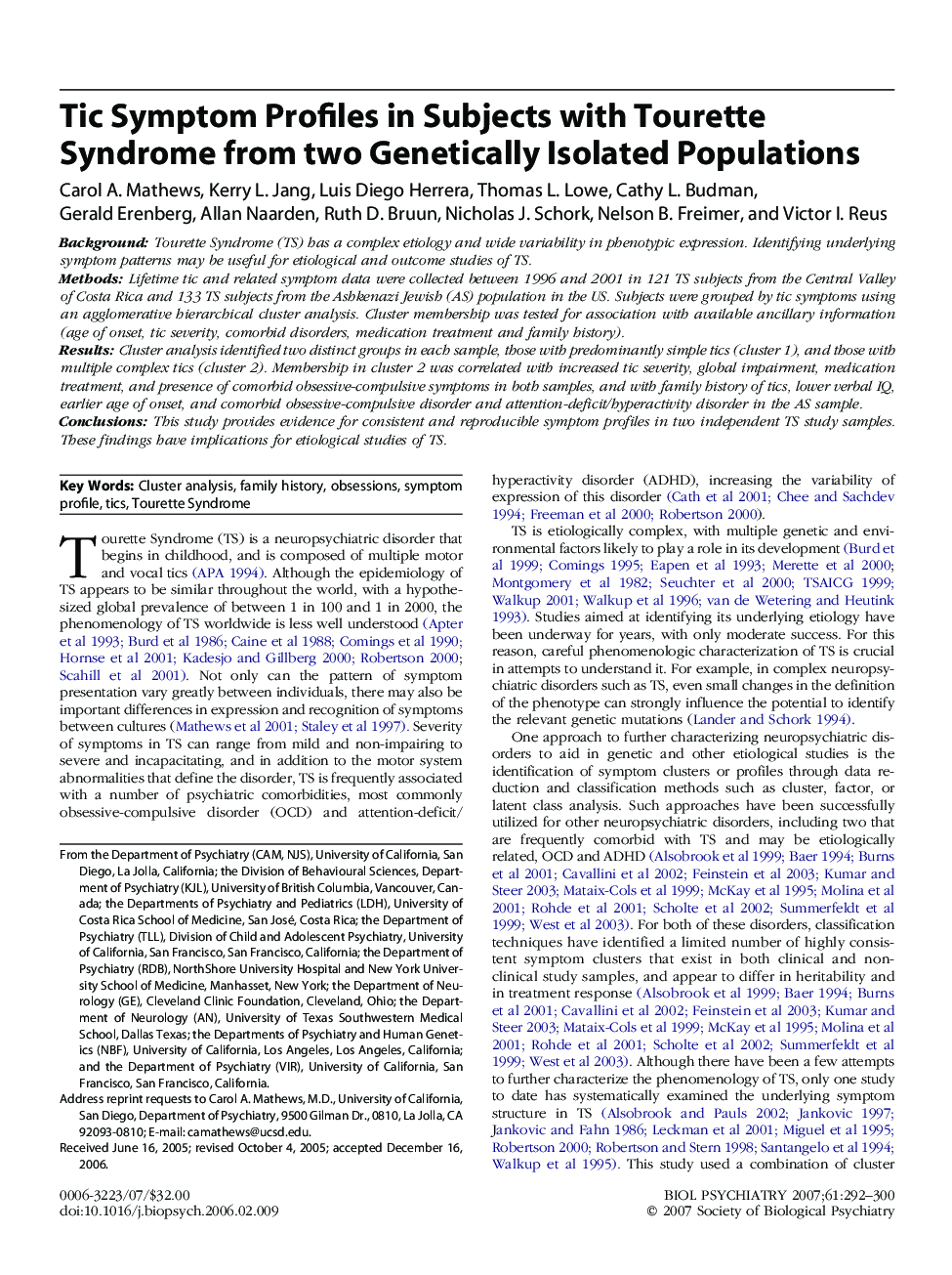 Tic Symptom Profiles in Subjects with Tourette Syndrome from two Genetically Isolated Populations