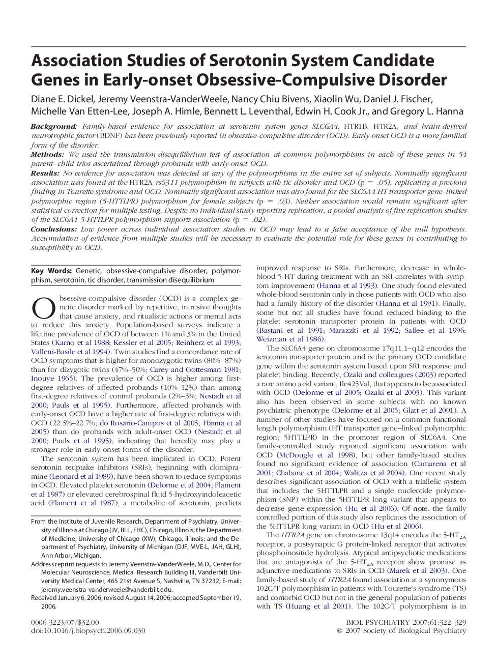 Association Studies of Serotonin System Candidate Genes in Early-onset Obsessive-Compulsive Disorder