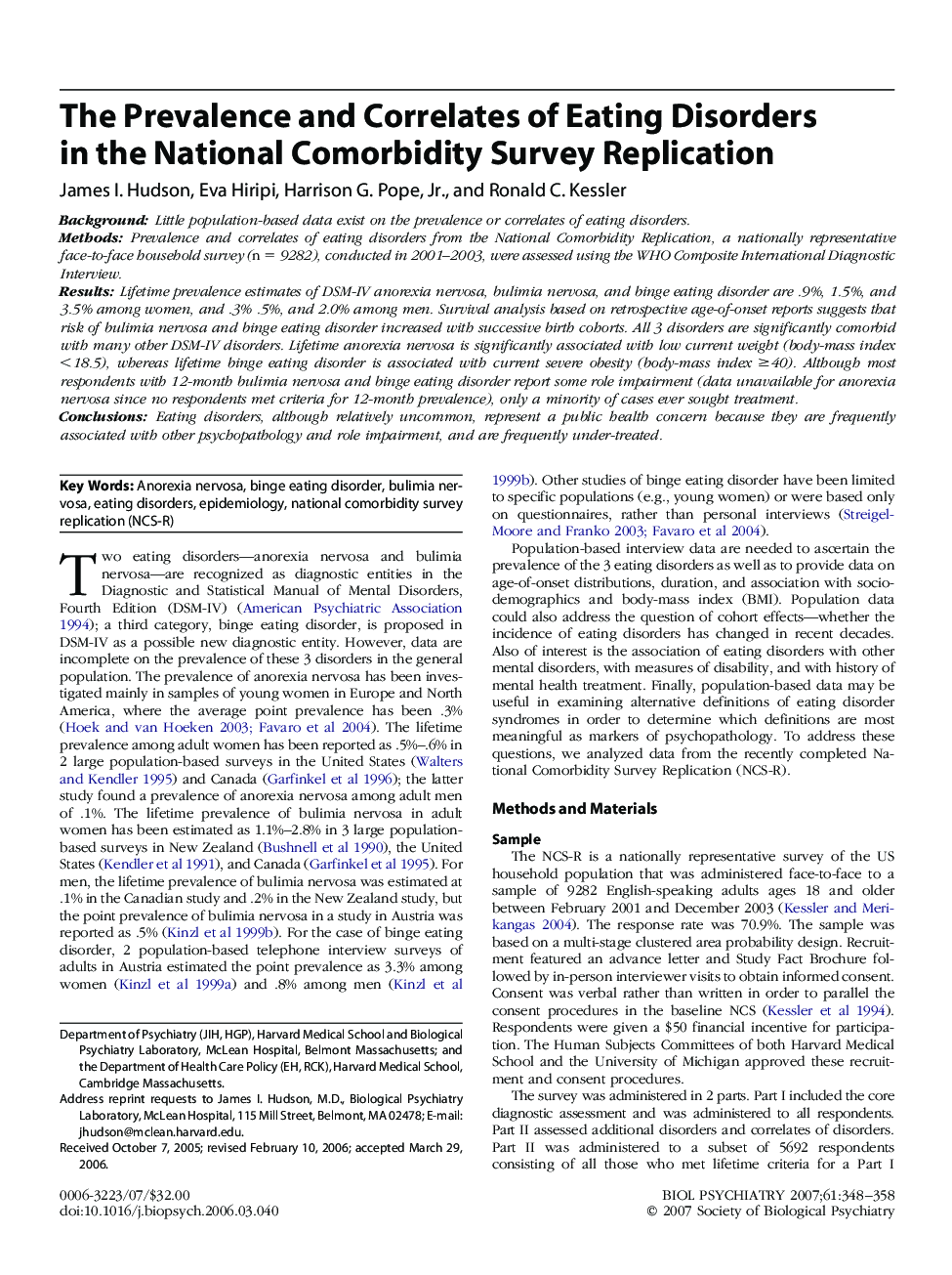 The Prevalence and Correlates of Eating Disorders in the National Comorbidity Survey Replication