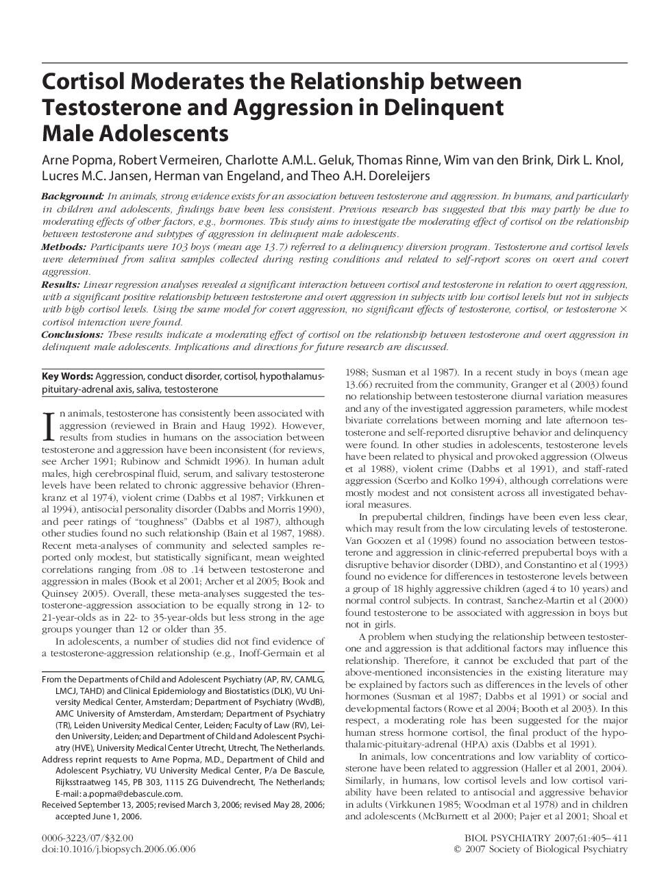 Cortisol Moderates the Relationship between Testosterone and Aggression in Delinquent Male Adolescents