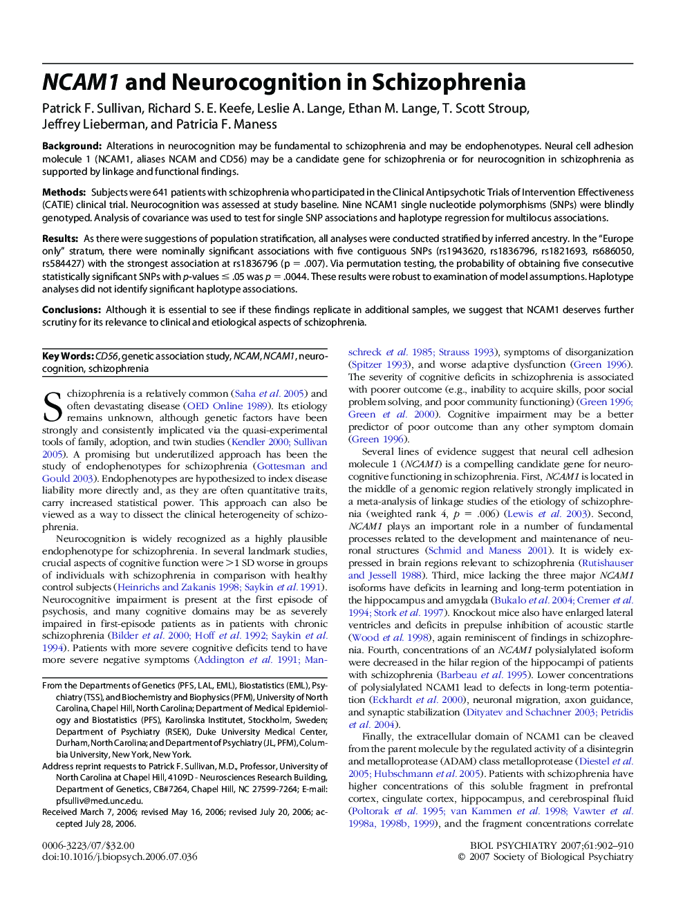 NCAM1 and Neurocognition in Schizophrenia