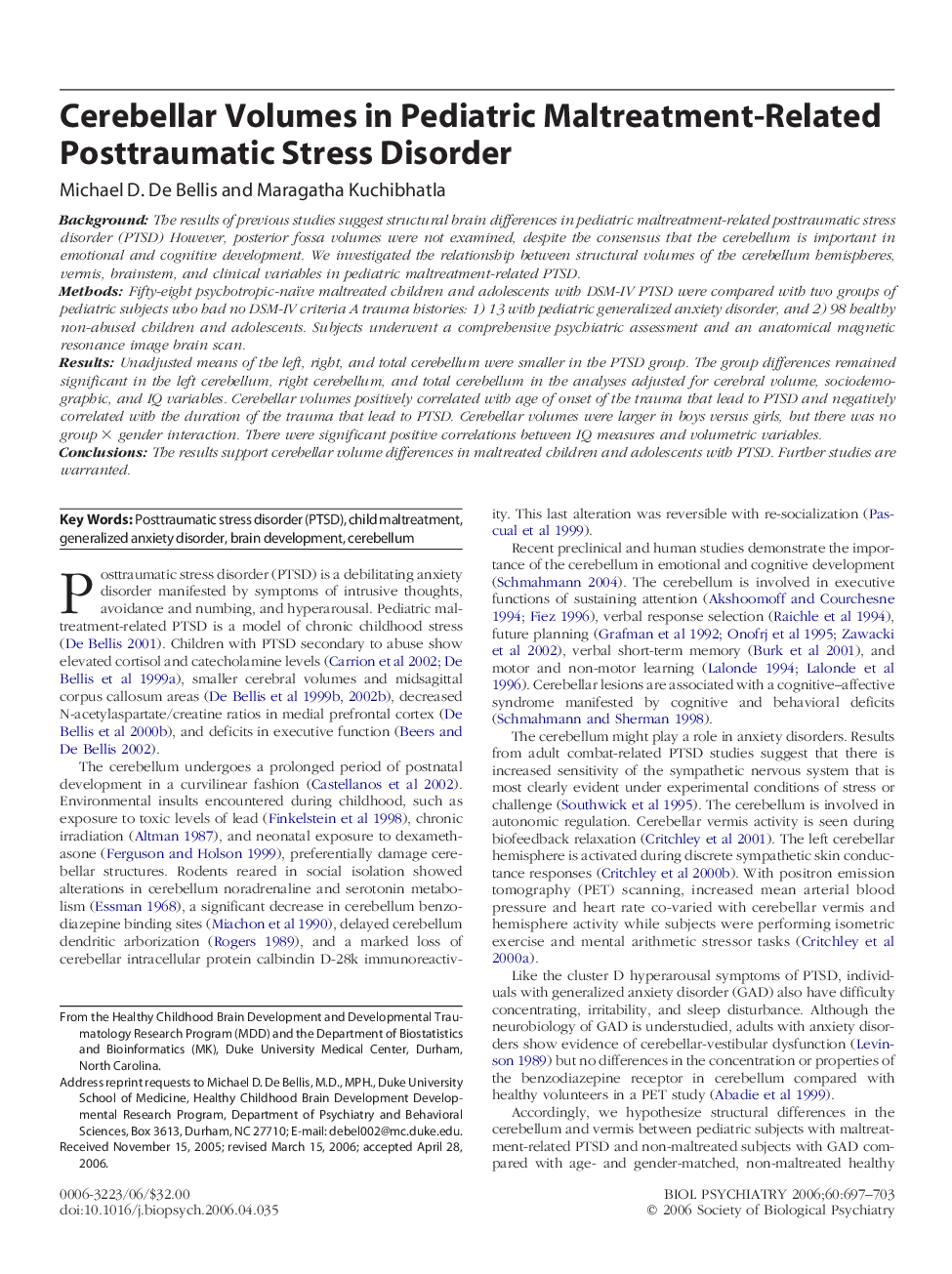 Cerebellar Volumes in Pediatric Maltreatment-Related Posttraumatic Stress Disorder