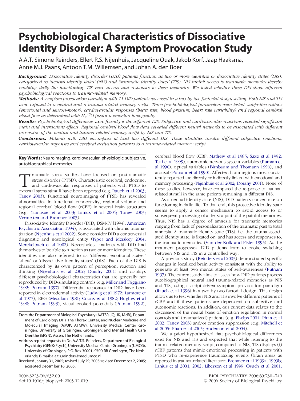 Psychobiological Characteristics of Dissociative Identity Disorder: A Symptom Provocation Study