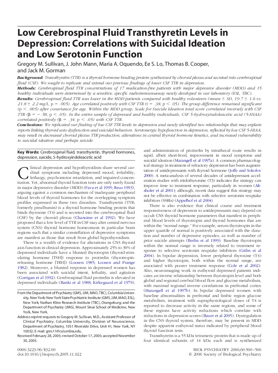 Low Cerebrospinal Fluid Transthyretin Levels in Depression: Correlations with Suicidal Ideation and Low Serotonin Function