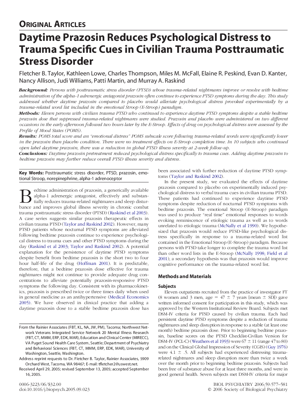 Daytime Prazosin Reduces Psychological Distress to Trauma Specific Cues in Civilian Trauma Posttraumatic Stress Disorder