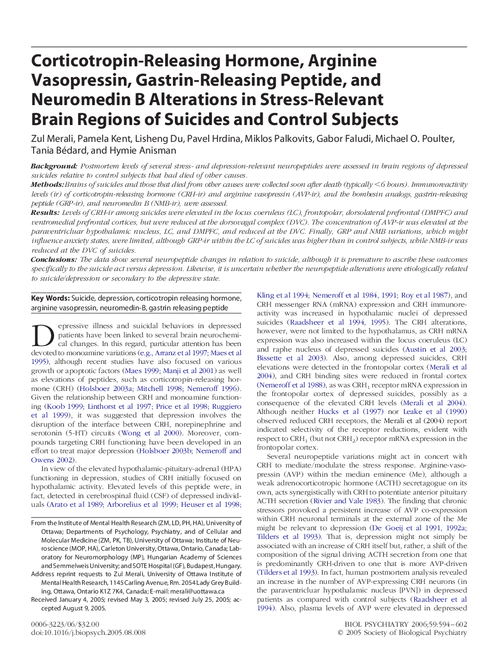 Corticotropin-Releasing Hormone, Arginine Vasopressin, Gastrin-Releasing Peptide, and Neuromedin B Alterations in Stress-Relevant Brain Regions of Suicides and Control Subjects