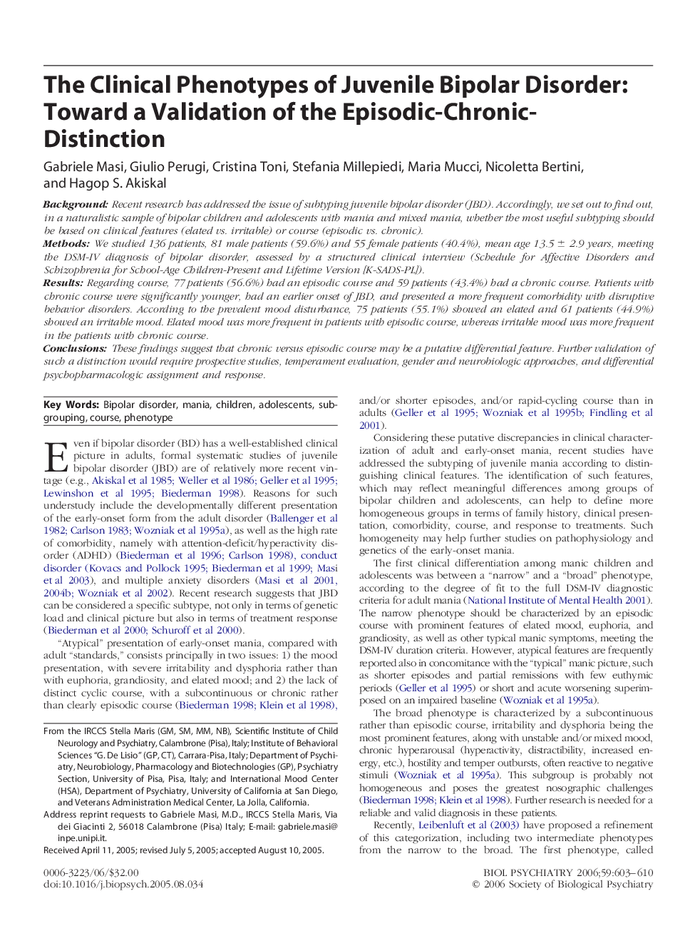 The Clinical Phenotypes of Juvenile Bipolar Disorder: Toward a Validation of the Episodic-Chronic-Distinction