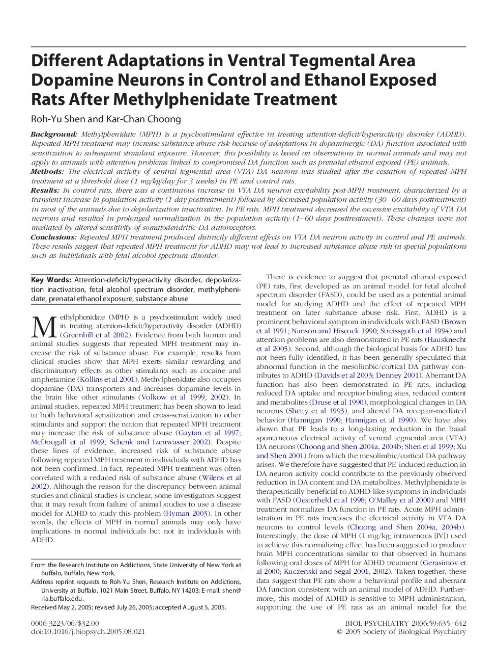 Different Adaptations in Ventral Tegmental Area Dopamine Neurons in Control and Ethanol Exposed Rats After Methylphenidate Treatment