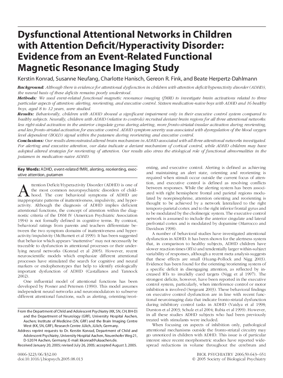 Dysfunctional Attentional Networks in Children with Attention Deficit/Hyperactivity Disorder: Evidence from an Event-Related Functional Magnetic Resonance Imaging Study