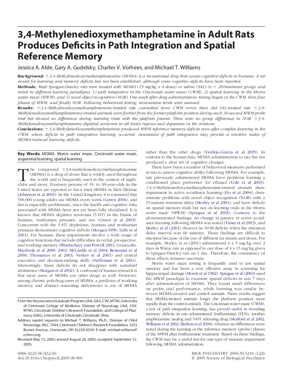 3,4-Methylenedioxymethamphetamine in Adult Rats Produces Deficits in Path Integration and Spatial Reference Memory