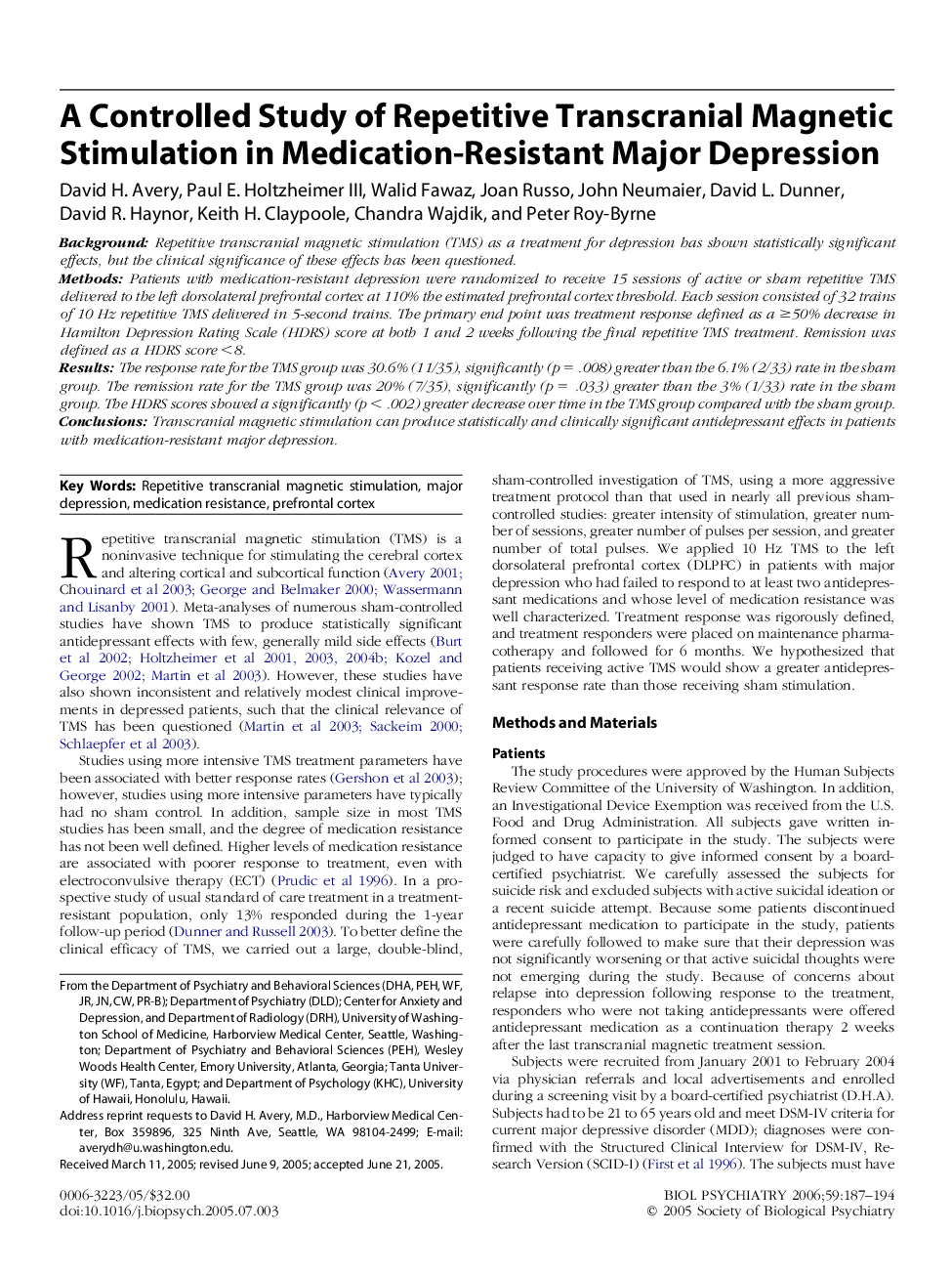 A Controlled Study of Repetitive Transcranial Magnetic Stimulation in Medication-Resistant Major Depression