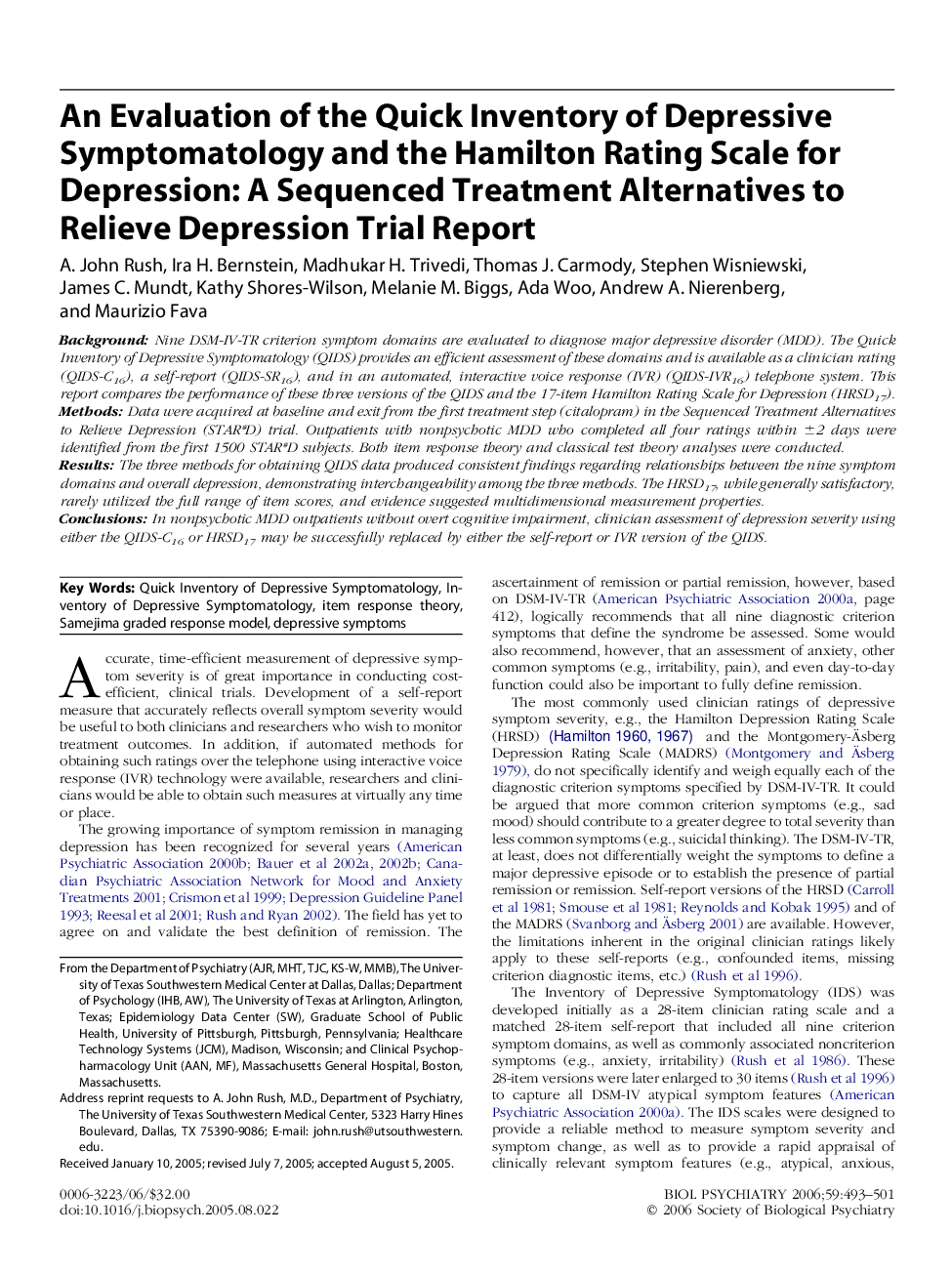 An Evaluation of the Quick Inventory of Depressive Symptomatology and the Hamilton Rating Scale for Depression: A Sequenced Treatment Alternatives to Relieve Depression Trial Report